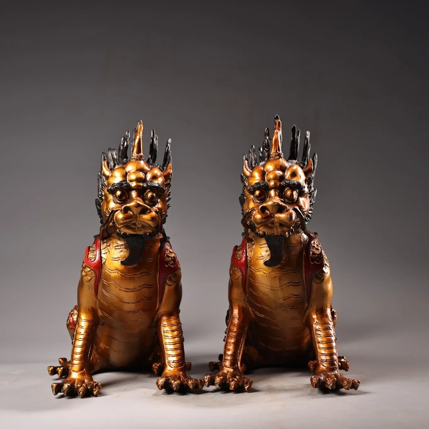 

13"Tibetan Temple Collection Old Bronze Painted Gilded Kylin Statue A Pair Divine Beast Amass wealth Ornaments Town house