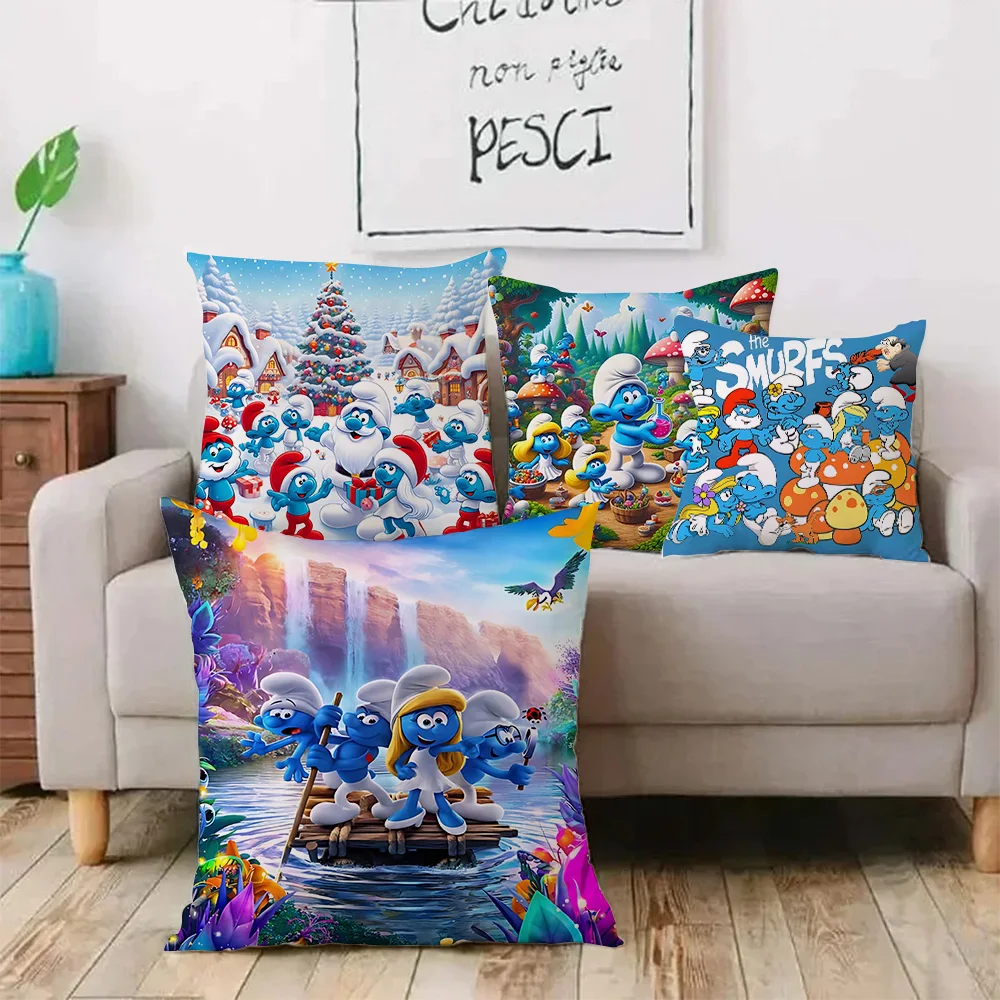 Classic Cartoon Anime The Smurfs Pillow Covers Cartoon Sofa Decorative Home Double-sided Printing Short Plush Cute Cushion Cover