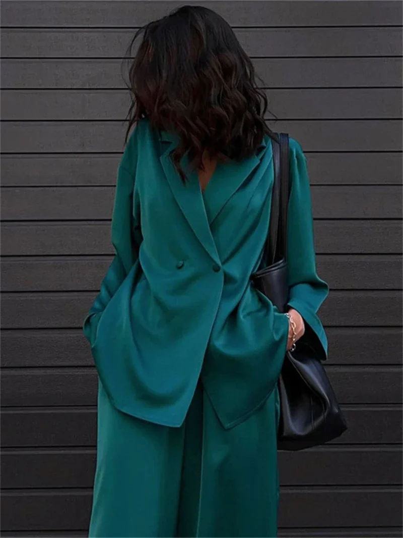 

Elegant Satin 2 Piece Sets Women Outfits Autumn Clothing Women Long Sleeve Blazer Shirt Top and Pants Sets OL Style Woman Sets