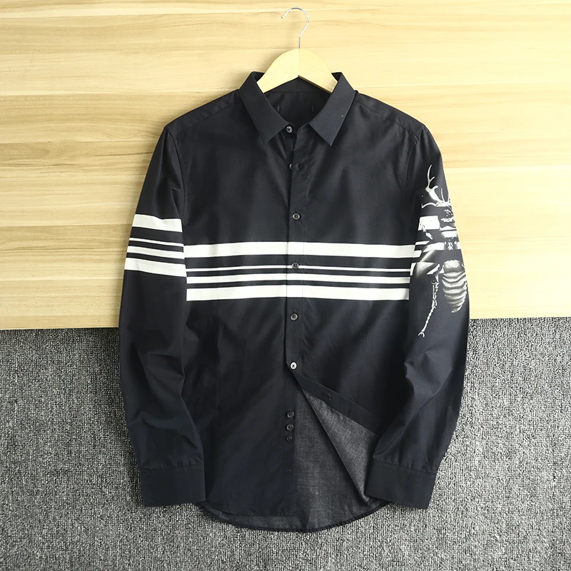 Alta qualidade algodão penteado longo sve masculino casual listrado irt cor tecido proc suporte ajuste primavera verão faion