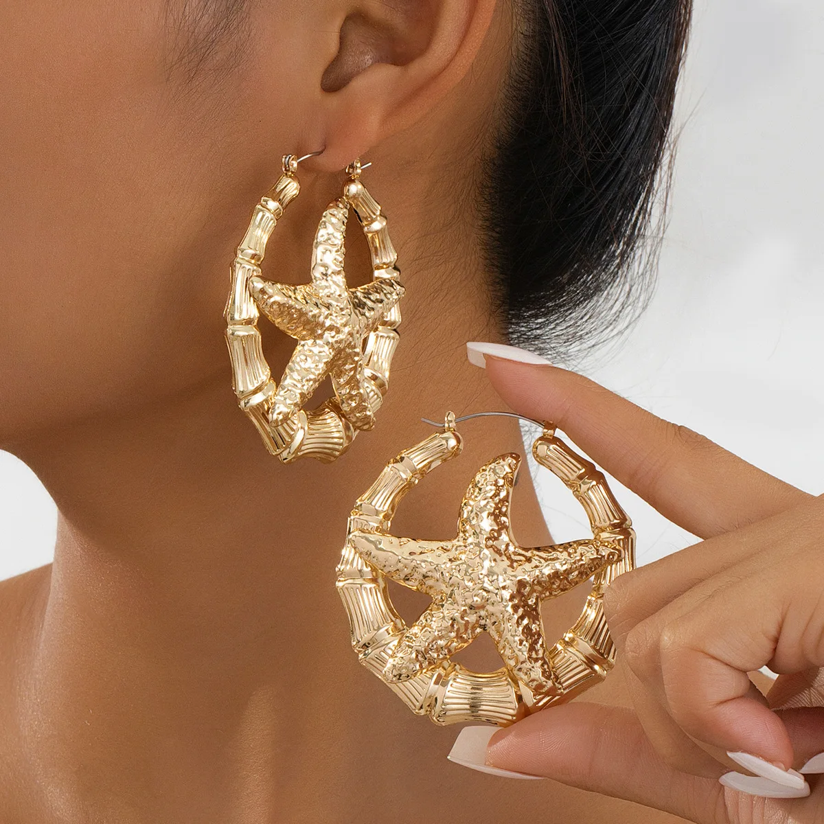 

Big Large Bamboo Circle Hoop Earring for Women Gold Color Starfish Statement Brincos Boho Jewelry Party Gift