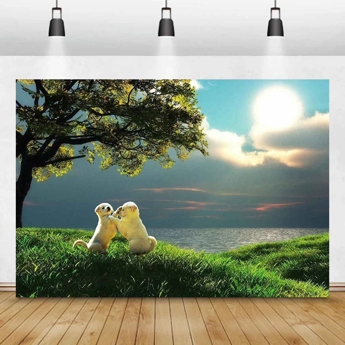 Sunset Lake Puppy Backdrop Beautiful Nature Animal Mount School Room Wall Art Photography Background Party Bar Coffee Shop Decor