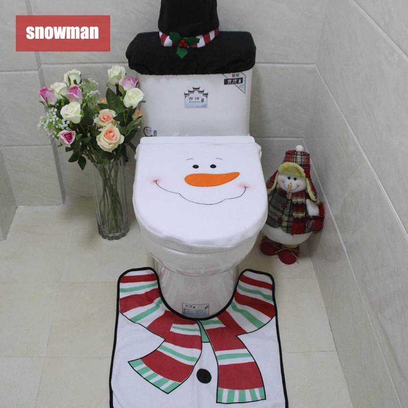 Santa Claus Snowman Xmas Bathroom Decor Three-piece Christmas Bathroom Decorations Toilet Cover Foot Pad Seat Cover Cap for Home