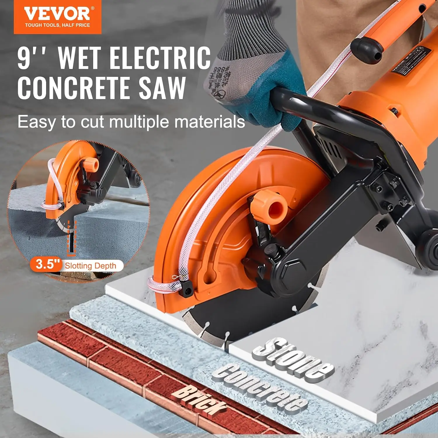 Electric Concrete Cutter, 9 in Circular Saw with 3.5 in Cutting Depth, Wet/Dry Disk Cutter Includes Water Line, Pump and Blade,