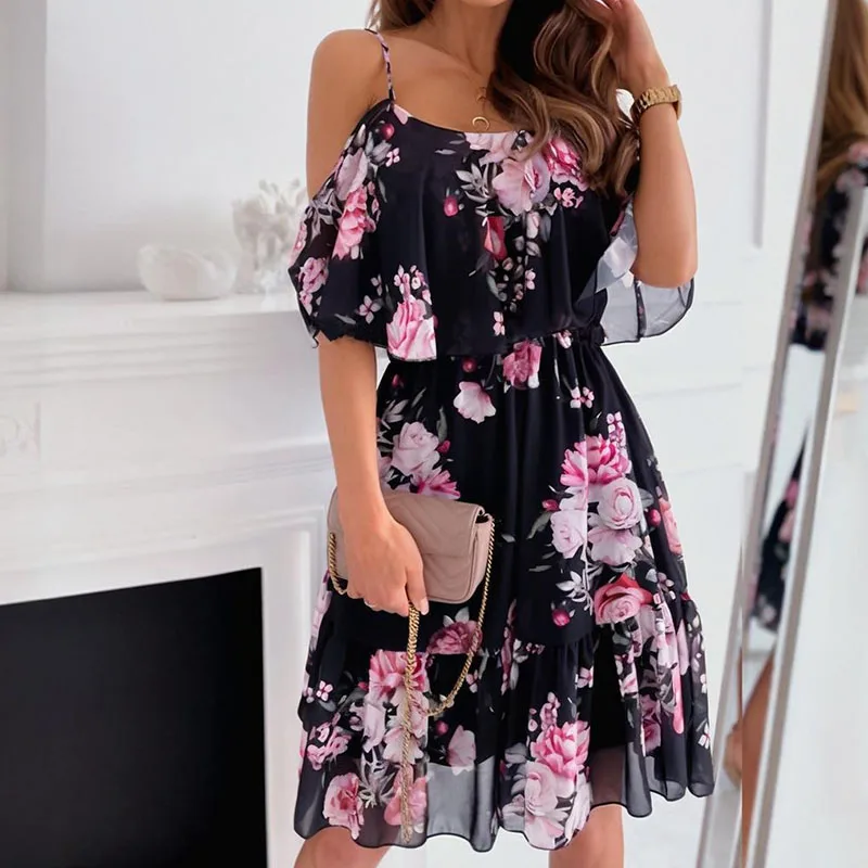 Casual Floral Print Spaghetti Strap Bohemian Beach Holiday Sundress Elegant Women's Summer Cold Shoulder Ruffle midi Dress