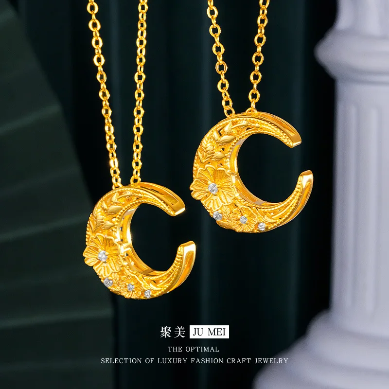 

9999 24K real gold store same style women's gold necklace three-dimensional relief flower moon pendant beautiful jewelry