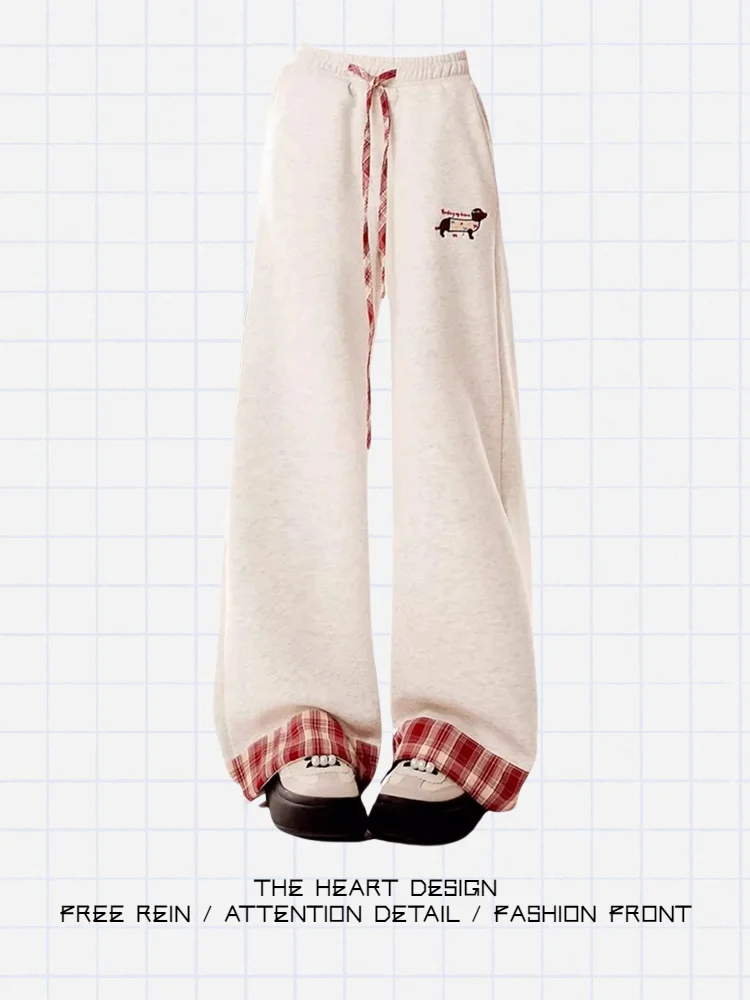 

Утепленные флисовые спортивные брюки в клетку с цветочным принтом и манжетами, женские, осенне-зимние, новые, прямые, широкие, повседневные брюки