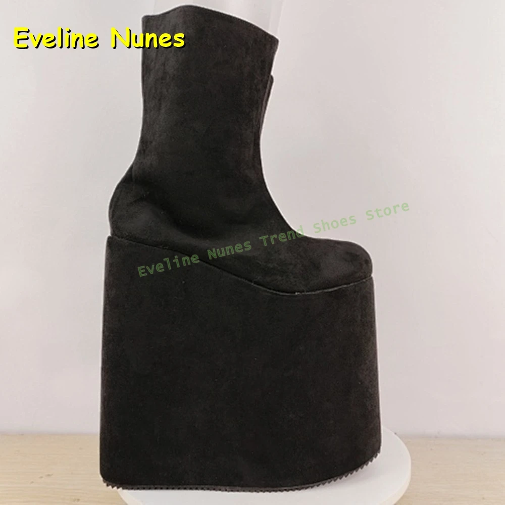 Black Faux Suede Mid-Calf Boots Round Toe Height Increase Solid Pull On Punk Cosplay Y2K Cool Dark Style Knee High Boots Summer view 2