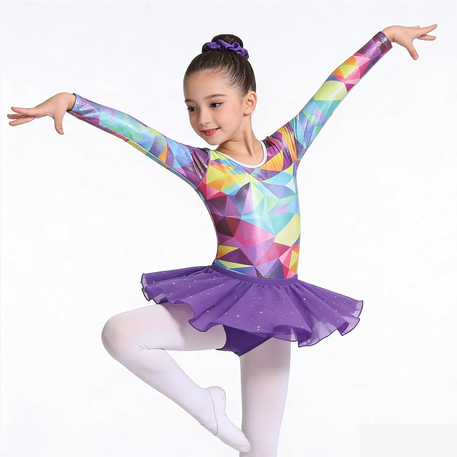 

Kids Girls Ballet Dance Performance Outfit Long Sleeve Leotard bodysuit with Skirt And Hair Band Sparkling Gymnastics Costume