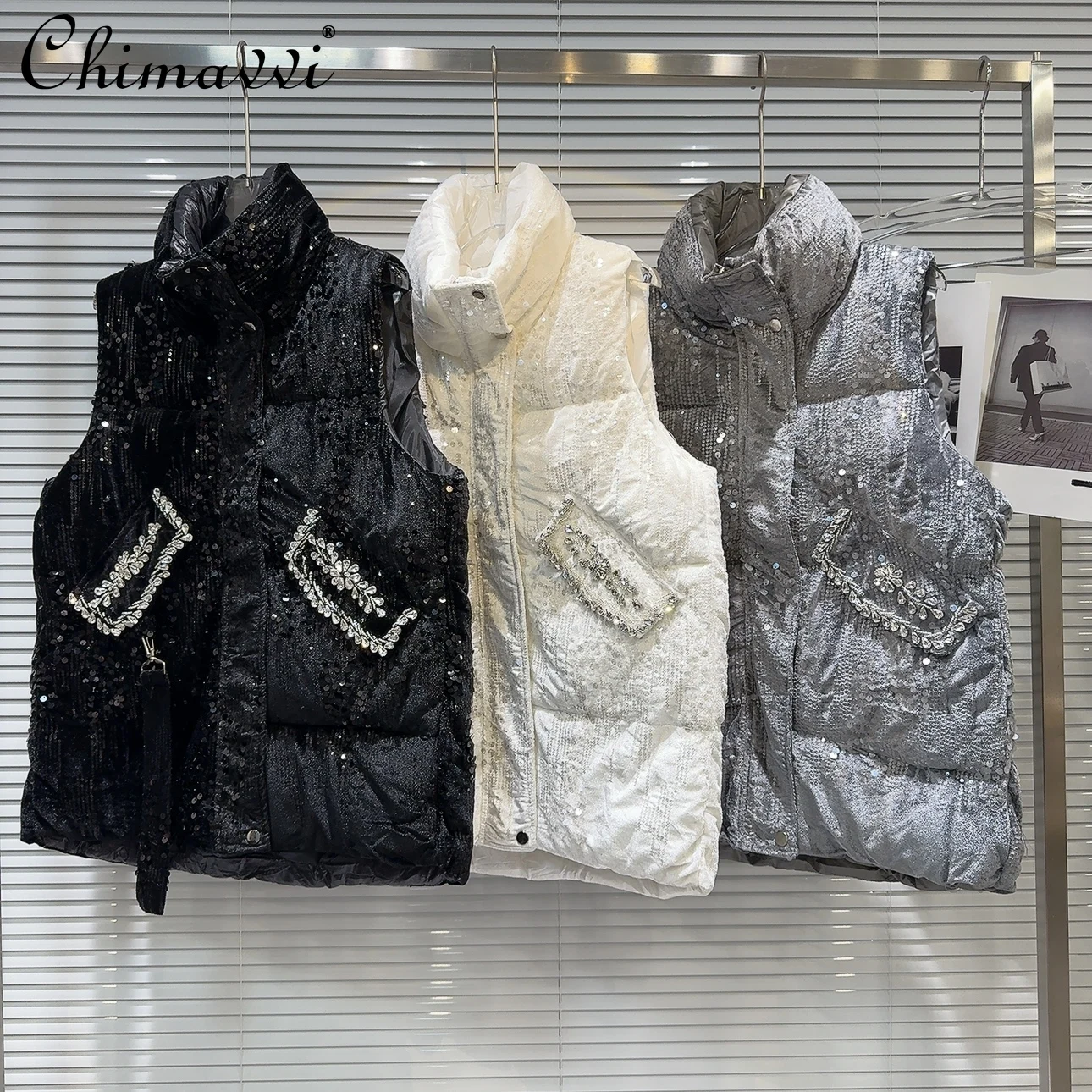 

French Elegant Fashion Socialite Winter Vest Heavy Industry Diamond Beaded Velvet Stand Collar Warm Padded Vest Jacket for Women