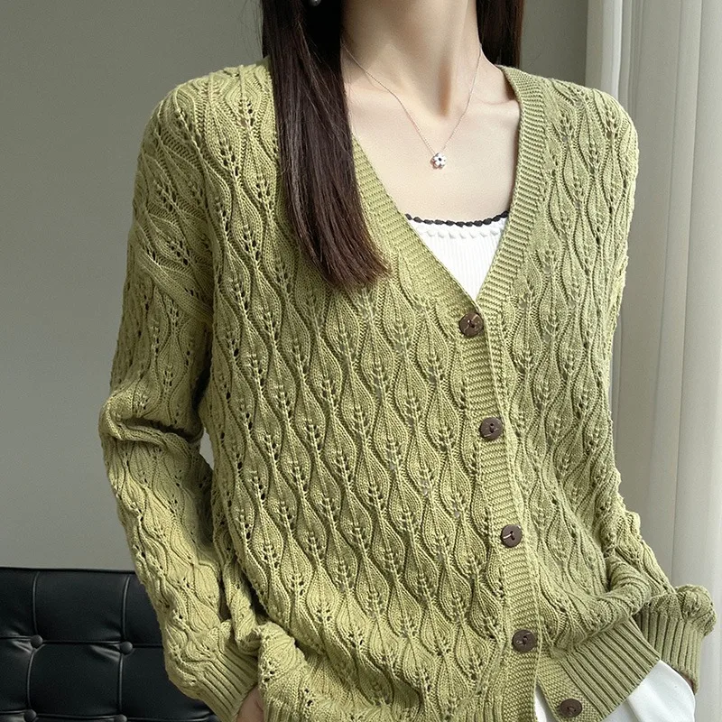 

00% Cotton Thin Knitted Open Cardigan Women's Spring New Loose Faionable Versatile V-ne Long Sve Hollow out Outerwear