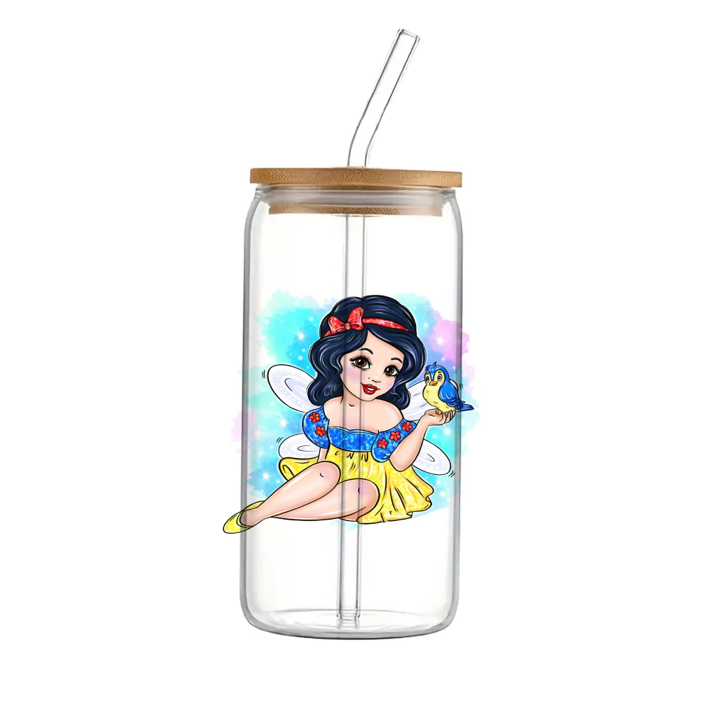 Disney Princess bayi perempuan untuk Libbey 16oz dapat kaca 3D tahan air UV DTF kopi dapat membungkus Libbey kaca bungkus 11x11cm