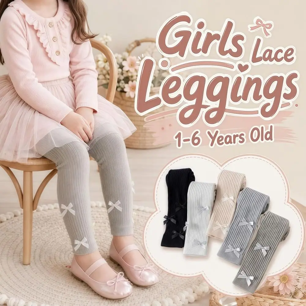 Slim-Fit Girls Bow Leggings Skin-Friendly Striped Kids Ribbed Tights Warm Stretchy Children Ankle Pants Girls 1-6 Years Old