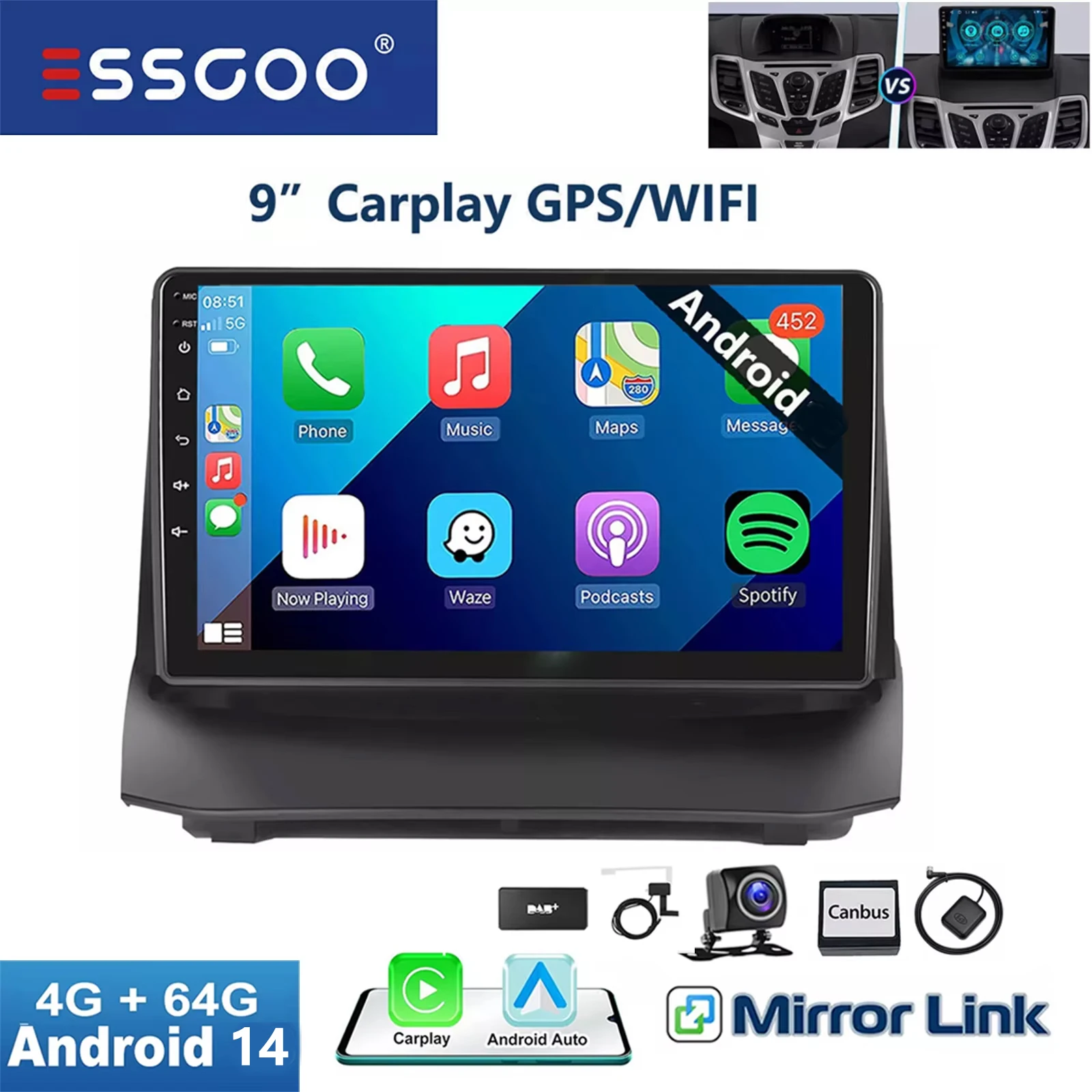 Essgoo 9 ''2DIN Apple Carplay Voor Ford Fiesta MK6 09-13 Android 14 Autoradio Radio GPS Navigatie FM RDS Wifi Multimedia Speler