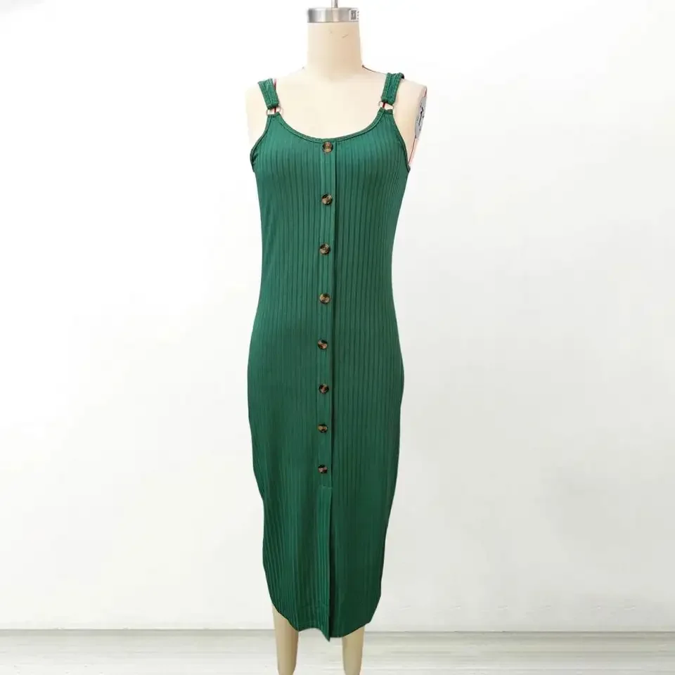 Spring Summer New Women's Fashion Single Breasted Sexy Suspender Dress  Sexy Knitted Slit One-step Skirt Bodycon