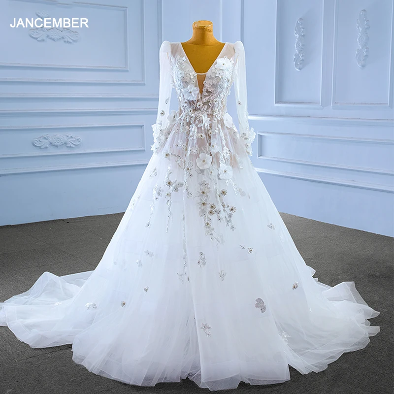 

Jancember Classic Wedding Dresses For Women Organza A-Line V-Neck Wedding Gown For Bride Flowers RSM222199 Vestido De Novias