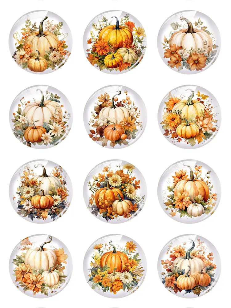 Handmade Thanksgiving Flowers Pumpkin Fall Autumn Photo Glass Cabochon Flatback Demo Flat Back Cameo For Diy Jewelry Making