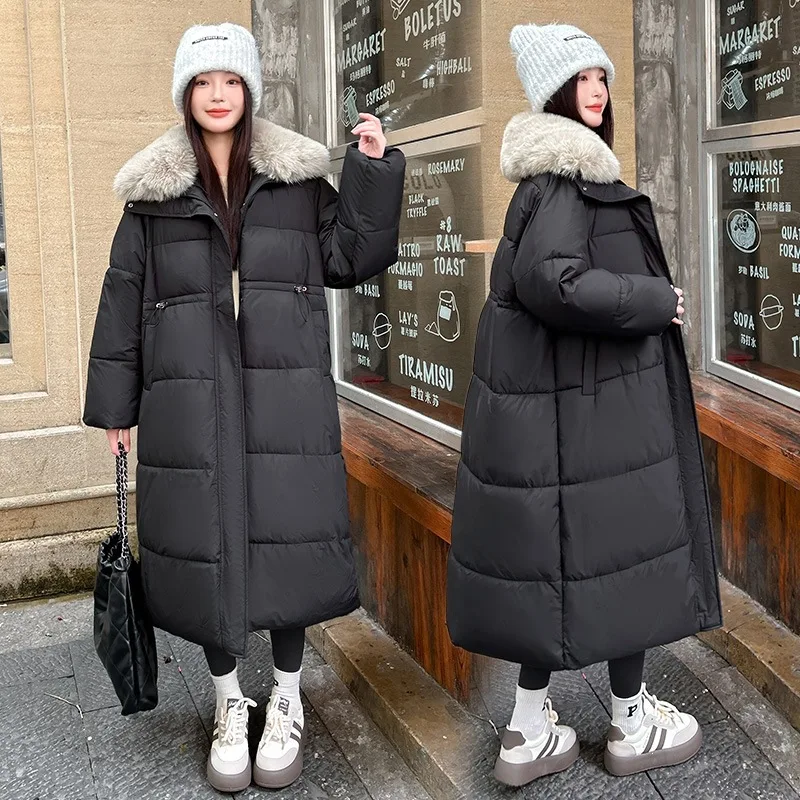 Winter Cold Weather Long Puffer Coat Women Parkas Faux Fur Trim Hooded Zip Up Thickened Thermal Insulated Windproof Outerwear