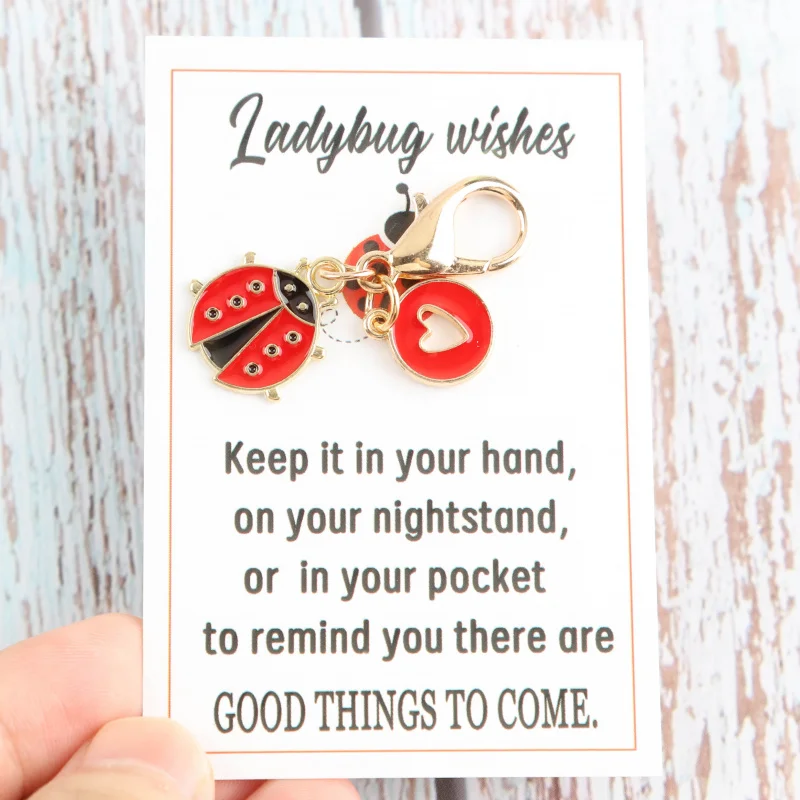 Juego de 6 tarjetas de felicitación inspiradoras con diseño de mariquita positiva y un lindo llavero con colgante de mariquita y colgante de corazón, adecuado para regalar.
