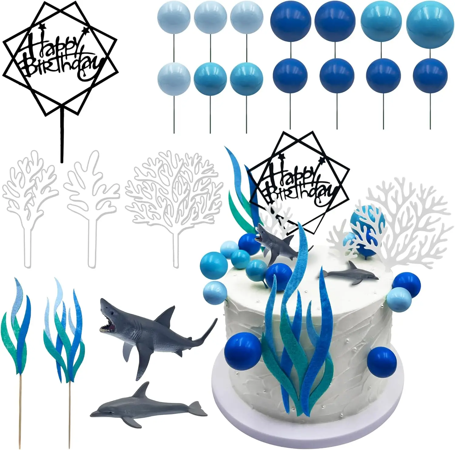 Decoraciones de pastel de océano, adorno de pastel de tiburón, figuritas de tiburón, decoración con tema de océano, bola azul, decoración de pastel, adorno de magdalenas de mar