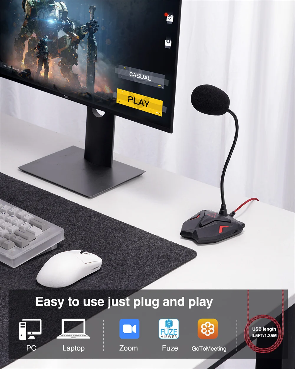 JAMELO USB Computer Microphone Desktop Condenser PC Mic Mute Button with LED Plug & Play for Windows/Mac Ideal Recording Game
