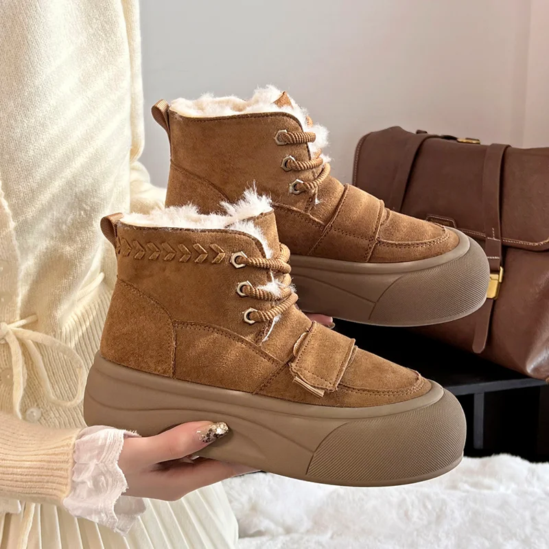 حذاء من الجلد للنساء الشقق عادية الجلد المدبوغ أحذية دافئة موضة جديدة الشتاء الثلوج الأحذية 2025 دافئ مصمم القطن بوتاس الفقرة Mujer #4