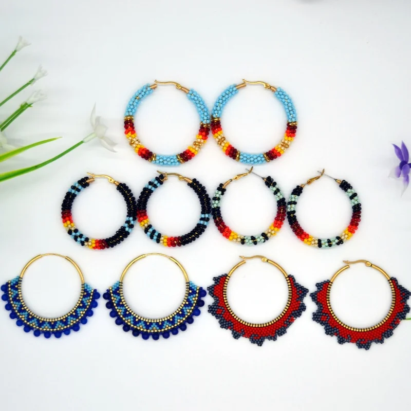 Beaded earrings lace Circle Hand knitting Entangle Gradient color Tide Simple Alloy Bohemia Rice bead earrings