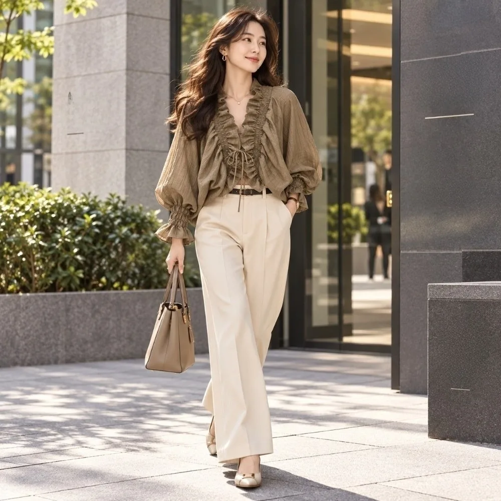 Streetwear Lace-up Chic Ruffle Blouse V-Neck Loose Batwing Long Sleeve Blouse Tie Front Drawstring Women Shirt Top Casual