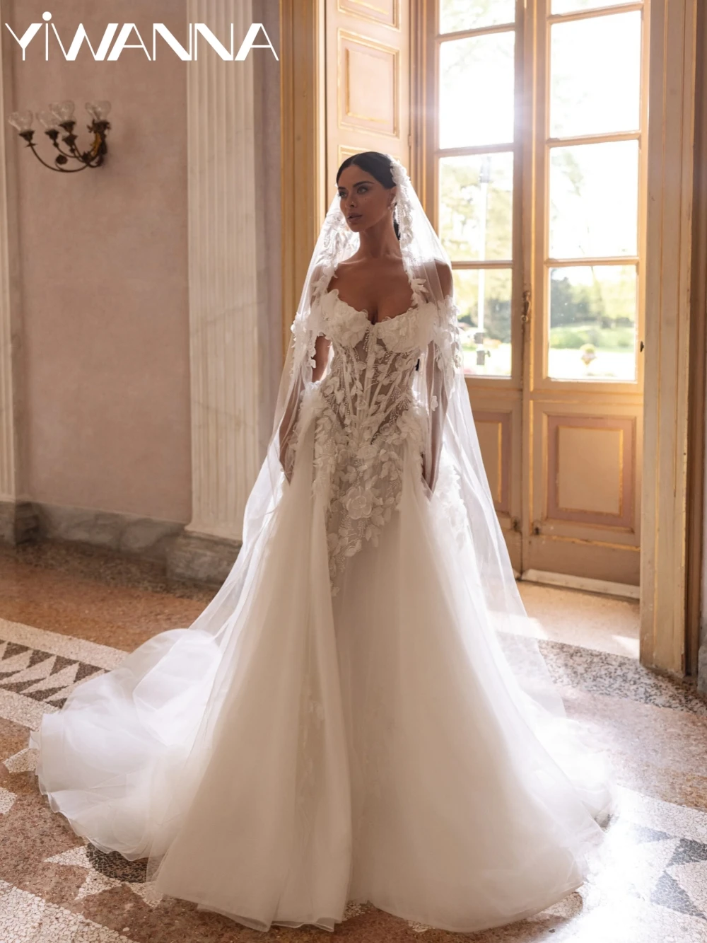

Exquisite Beaded With 3D Flower Wedding Dress V-neck Off Shoulder Bridal Gown Customized A-line Tulle Long Dresses For Bride