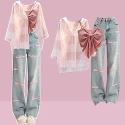 Women's Clothes for Summer Pink Blouse Denim pants Sling Tops 3 Piece Set 2024 Plaid Shirt Bowknot Vest High Waist Jeans Suit