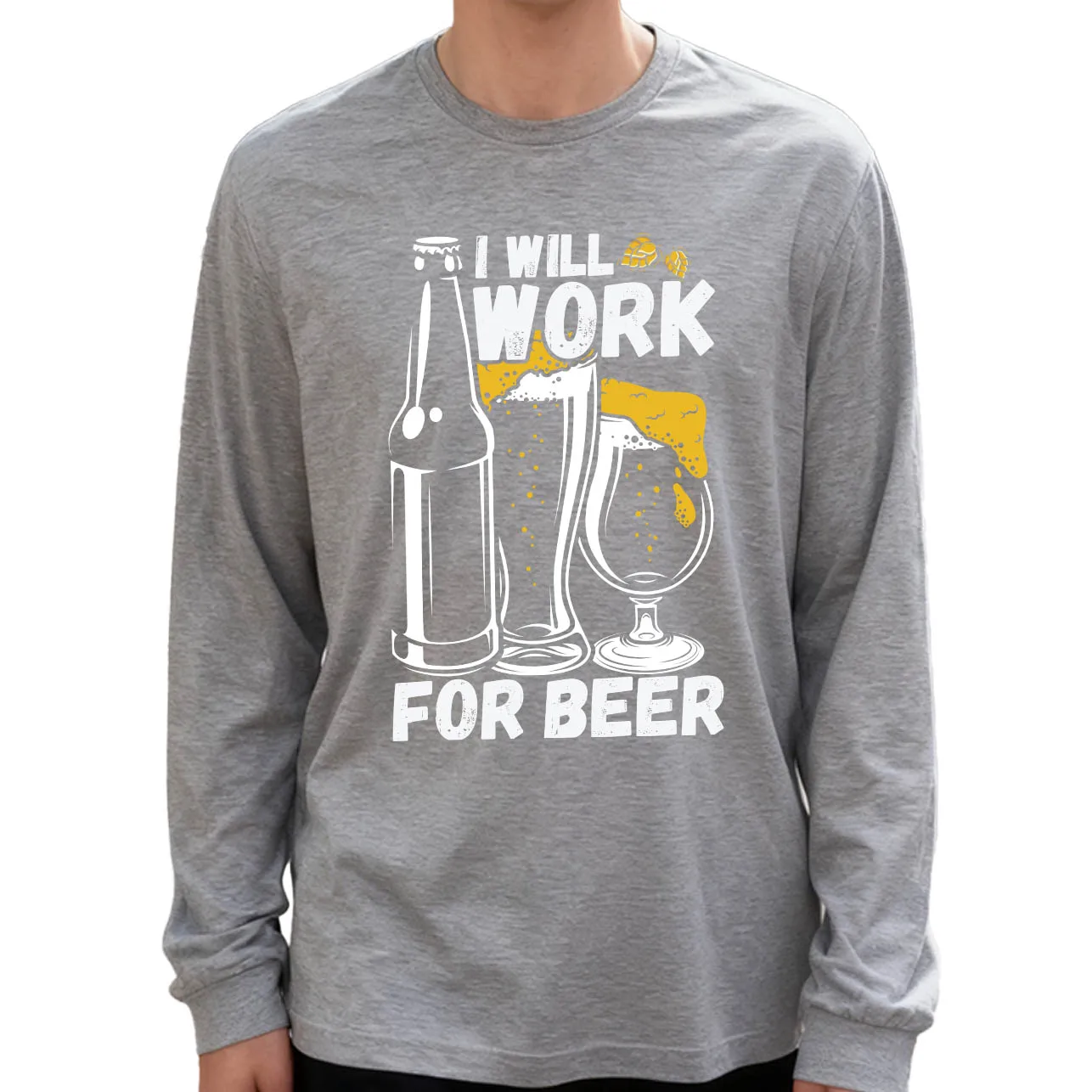 Work for Beer Men's Long Sleeve T-Shirt 180g 100% Cotton Printed Crew Neck Casual Daily Wear Soft and Breathable