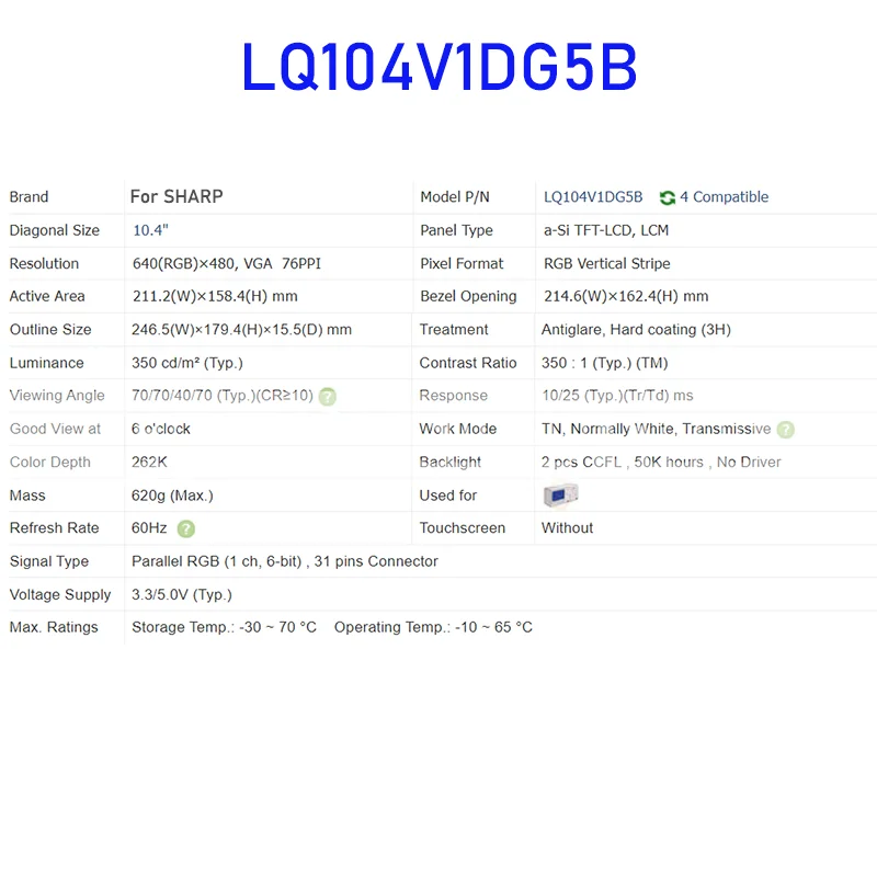 Lq104v1dg5b painel de tela lcd de 10.4 polegadas original para afiado novo 100% testado