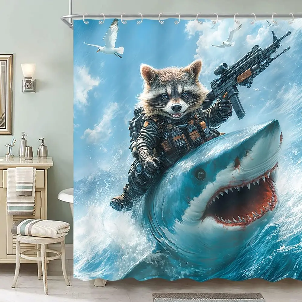 Funny Animal Shower Curtain, Cool Cute Raccoon Riding Shark Ocean Wave Shower Curtain for Bathroom, Fun Nautical Coastal Funny