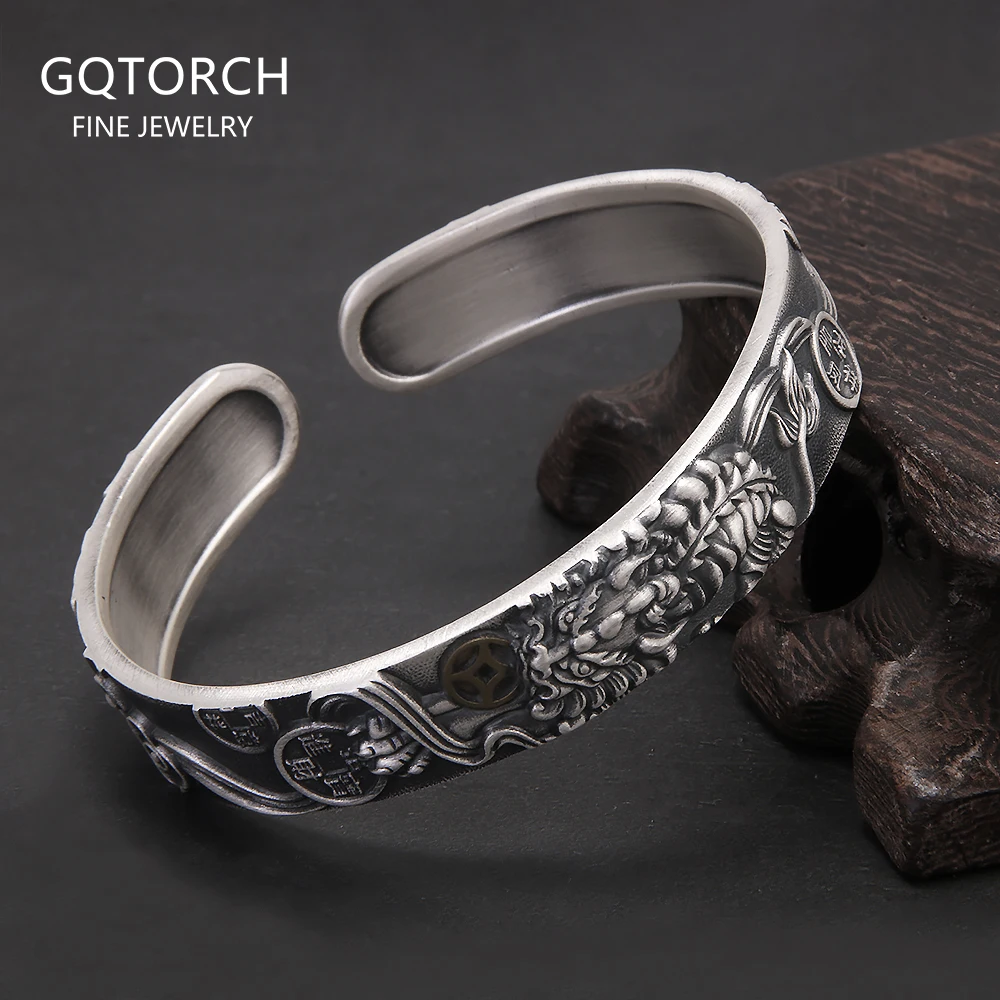 

Винтажный браслет-манжета из чистого серебра 999 пробы Pixiu Bite Coin для мужчин, черный цвет, удача, богатство, фэн-шуй, ювелирные изделия