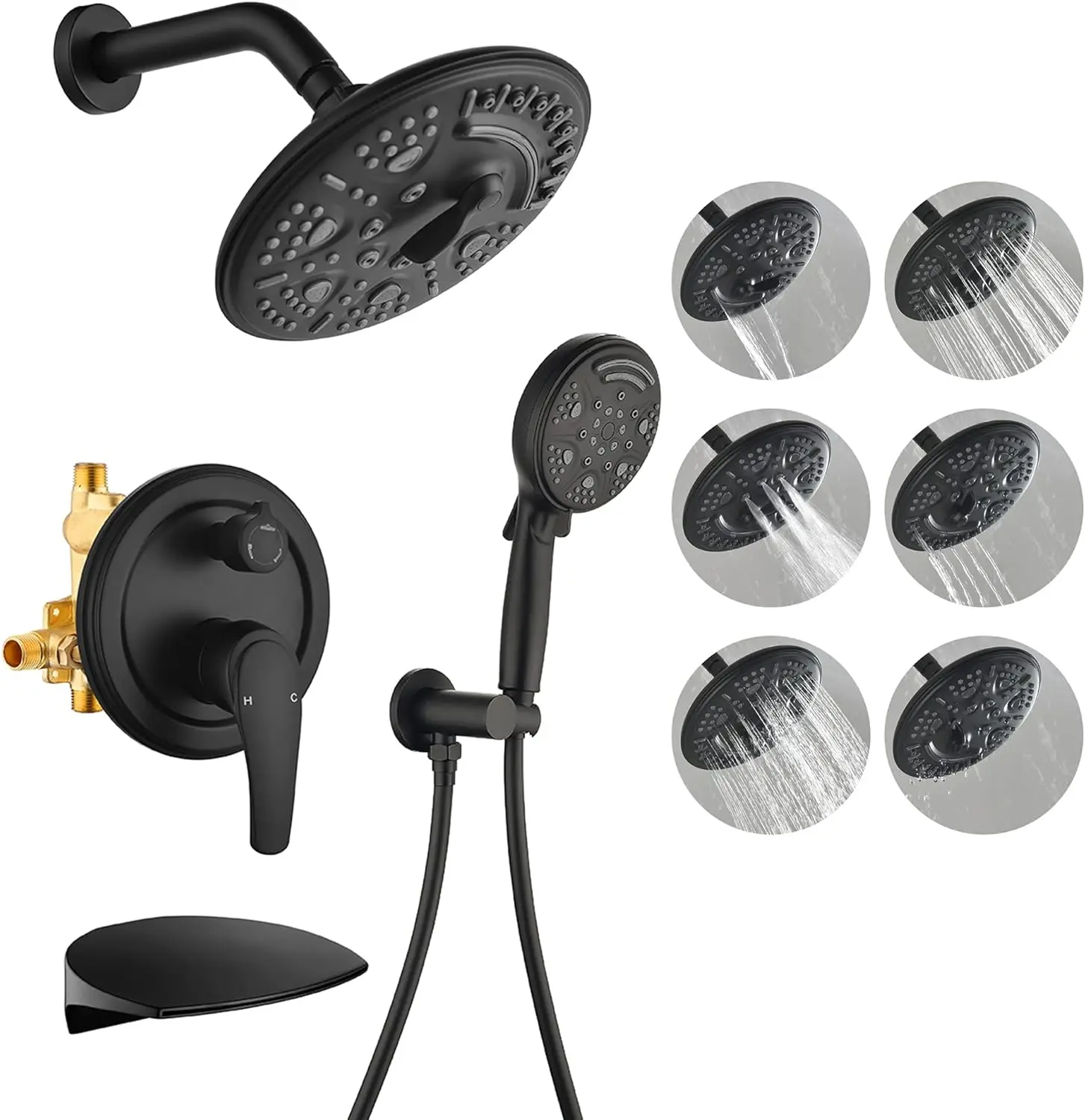 

Luxury Tub Shower Faucet Set with Round-in Valve Wall Mounted Shower System with Waterfall Tub Spout Matte Black