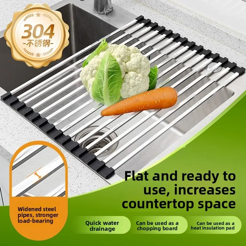 

Foldable Roll Up 304 Stainless Steel Over Sink Drain Rack, Cuttable Silicone Edge Rustproof Kitchen Dish Drainer, Heat Resistant