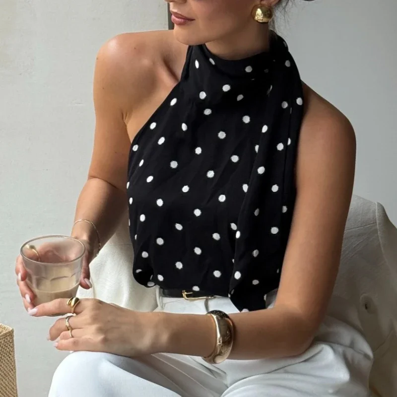 

2026 New Design Spice Girl Style Imitation Acetic Acid Polka Dot Lace-up Neck Sling Vest Women