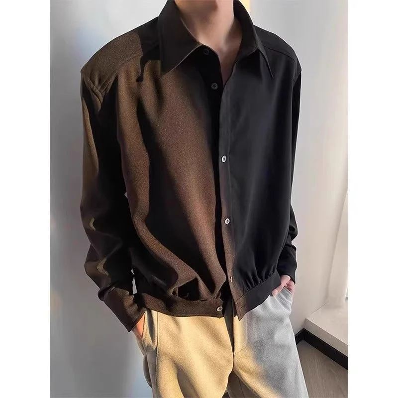 

Korean Style Loose Casual Drooping Shirt Black Men's High-end Spring and Autumn Jacket Trendy Long-sleeved Top Solid Color Shirt