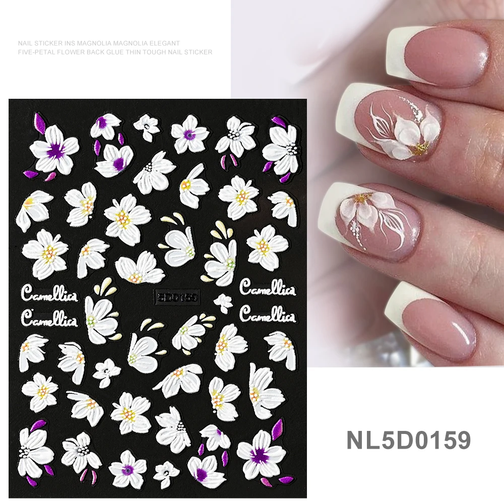 5D Wedding White Acrylic Flowers Nail Art Stickers 8*10cm Butterfly Flowers Embossed Decal Adhesive Blossom White Floret Slider