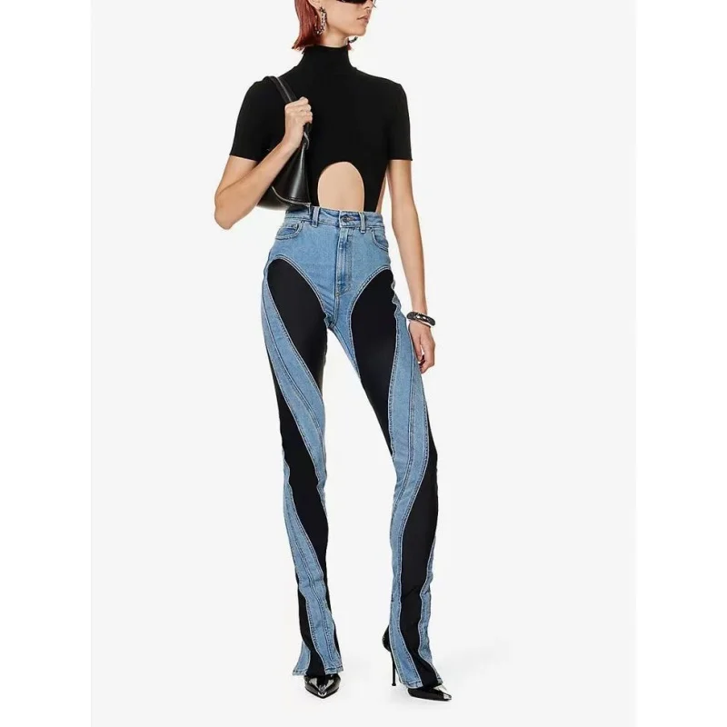 

2023Autumn new high-end European and American retro slim-fit high-waisted color-blocked skinny jeans for women