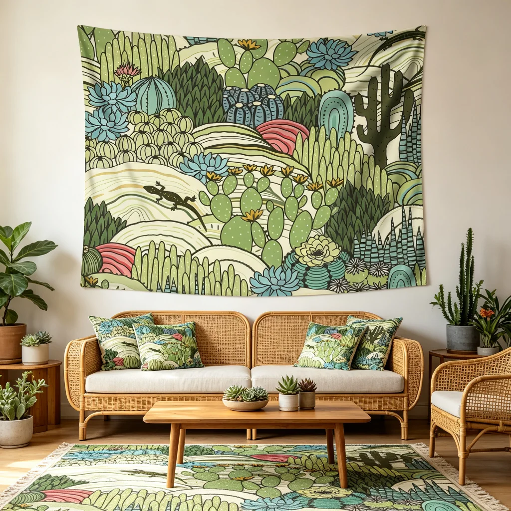 1PC Cactus Succulent Pattern Art Print Backdrop Banner, Bedroom Living Room Photo Background, Polyester, Home Decor, Wall Art