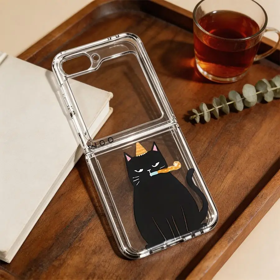 Back Phone Cover Funda Case for Samsung Galaxy Z Flip 8 Flip5 Z Flip 7 6 5 4 3 Flip7 FE Flip4 Flip6 Flip3 Black Birthday Cat