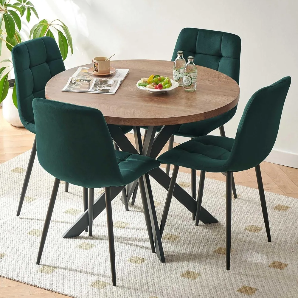 

37" Round Table Set for 4 Person, Modern Kitchen Table Set, Imitation Wood Dining Table, Dark Green Velvet ,Dining Tables