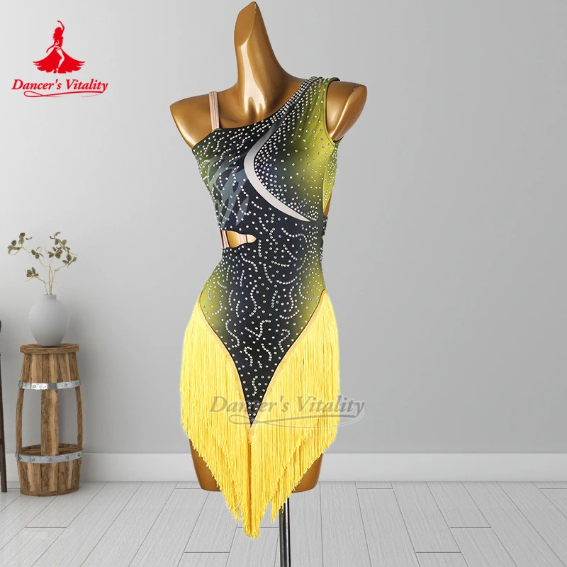 ダンサーの活力ノースリーブシングルショルダーラテンダンスタッセルドレス大人&子供チャチャグラデーションカラーパフォーマンス服カスタム