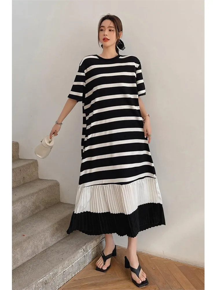 Zomer Nieuwe Geplooide T-shirt Jurk Vrouwen Korte Mouw Jurk Kleur Zwart Eenvoudig Ontwerp Grote Maat Kleding Dames Jurken vestidos