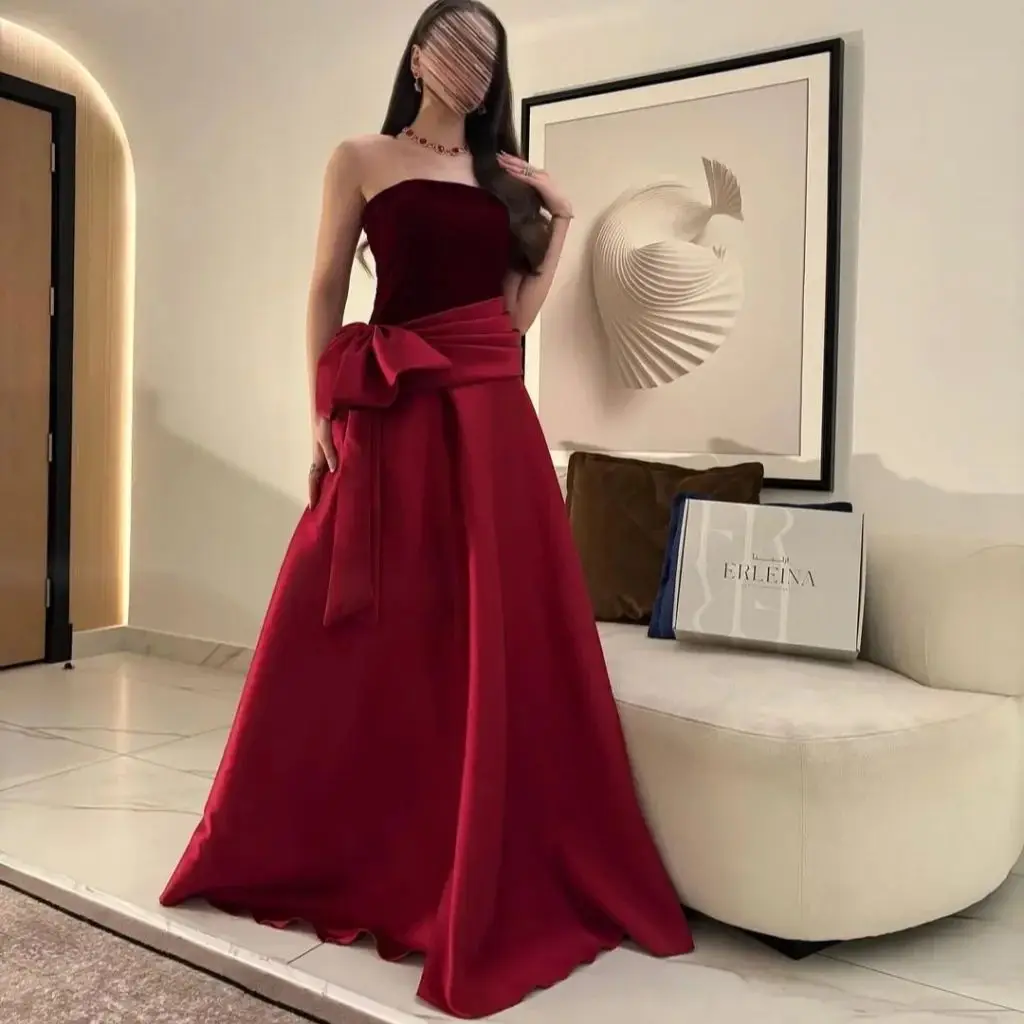 

Red Bow Evening Dress For Women Strapless A Line Velvet Prom Dresses Saudi Arabia Formal Wedding Party Gown vestidos Customized