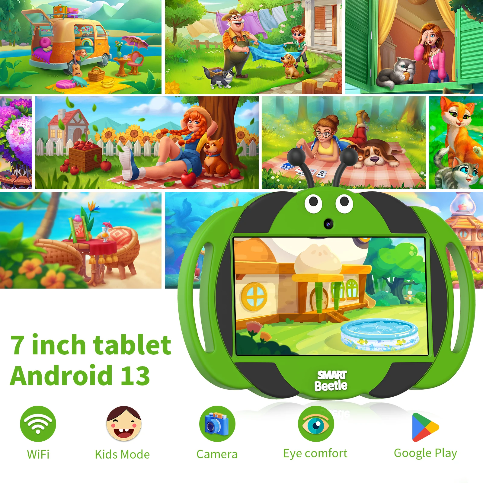 PRITOM Kids Tablet de 7 polegadas para crianças 32GB ROM Android 13 Bluetooth, WiFi, GMS, controle parental, câmera dupla, capa à prova de choque