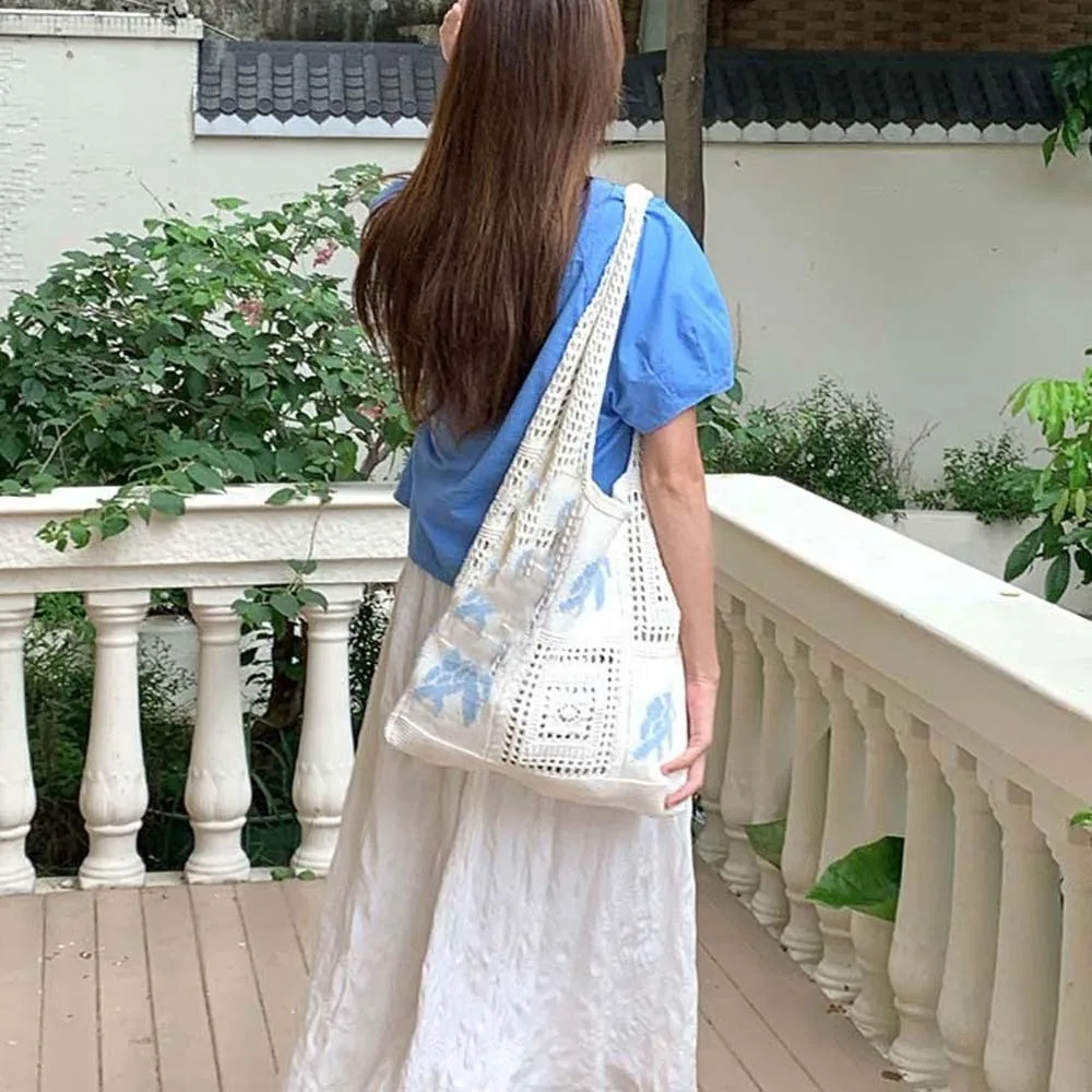 

Shoulder Bag Large Capacity Crochet Tote Bag Turtle Embroidered Hollow Woven Bag Cotton Korean Style Knitting Handbag Daily