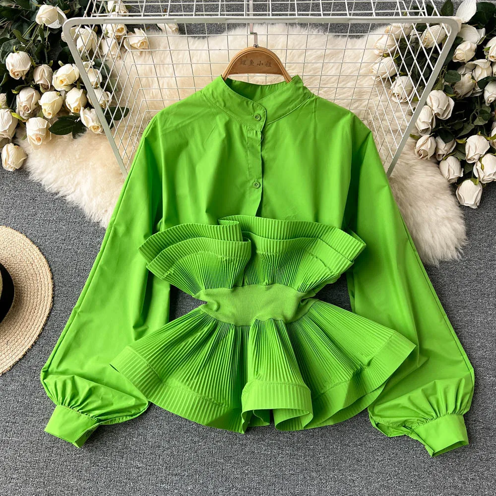 Women Pleated Blouse Black White Tops Long Lantern Sleeve Elegant Y2k Top Bow Ruffles Slim Shirts Casual Blouses Spring Summer