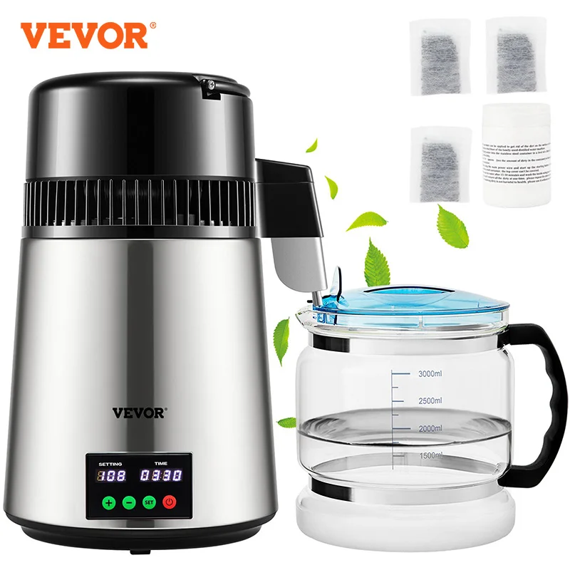 VEVOR Water Distiller 4L 1L/H Distilled Water Maker Timing & Temperature Display Silver Home Appliance Water Purifier Filter